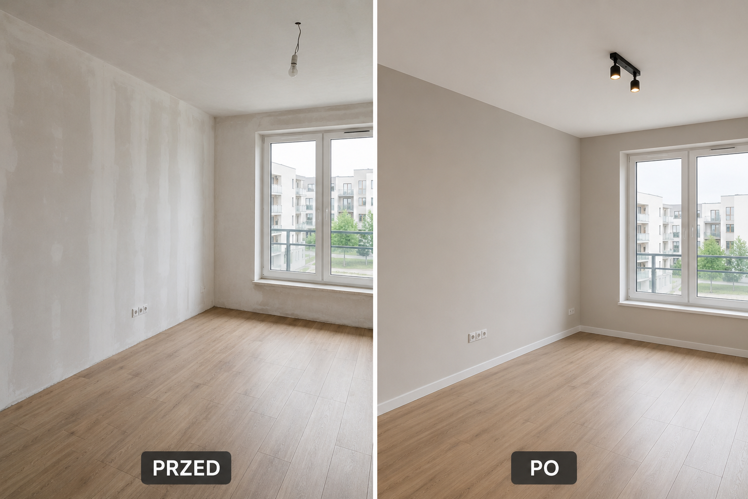 Malowanie ścian przed i po w mieszkaniu w Poznaniu